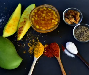 "Ground mustard and fenugreek spices for mango pickle"