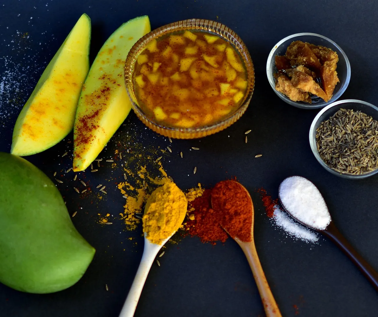 "Ground mustard and fenugreek spices for mango pickle"